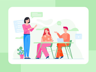 Illustration Vector Graphic of Startup , a leader woman speaks in front of a teammate to discuss a business strategy, this illustration perfect for website, landing page, web, app, and banner