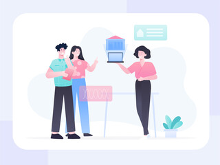 Illustration Vector Graphic of House consultant agent with agent explaining about new home to a new couple as concept, this illustration perfect for website, landing page, web, app, and banner