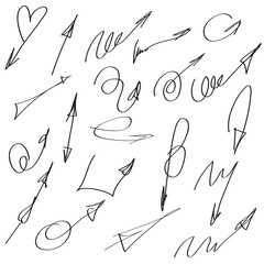 Set of hand drawn arrows. Vector black arrows on white background. Continuous line.