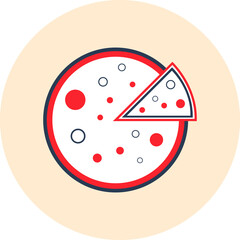 Pizza Icon. Cut pizza with sauce, flat, line, color shape, color background pizza icon.