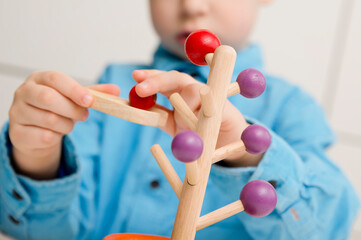 wooden tree game. concentration on attention, movement coordination, patience development, focus workout. Montessori type toy