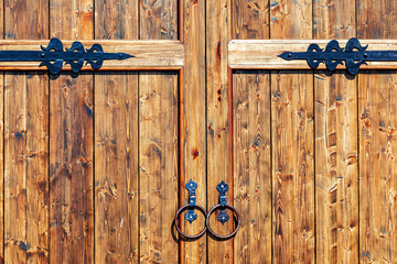 Wooden gates decorated with forged metal elements