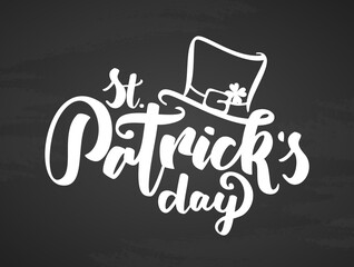 Vector Hand drawn brush lettering composition of St. Patrick's Day with leprechaun hat on black.