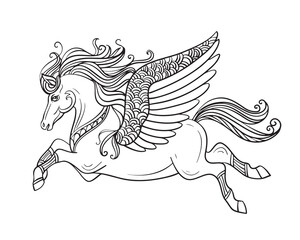 Flying pegasus vector illustration coloring book page