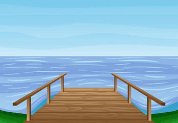 Obraz premium Summer illustration with wooden bridge by the water.