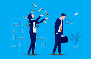 Woman earning most money - Female person throwing money in air in front of man, happy with having higher salary than him. Economic inequality and salary concept. Vector illustration.