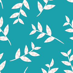 Fototapeta na wymiar Mono print style scattered leaf stems seamless vector pattern background. Lino cut effect textured scattered foliage on aqua blue backdrop. Minimal modern repeat. All over print for nature concept.