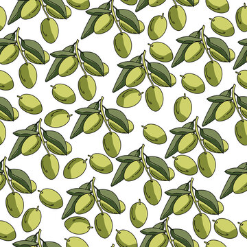Green olives seamless pattern, branch with leaves and berries on a white background © SunnyColoring