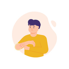 a man has a rash on the hands and itching on the hands, developing red patches. illustration of a person scratching his arm. the expression on the face of an uncomfortable person. flat style. vector