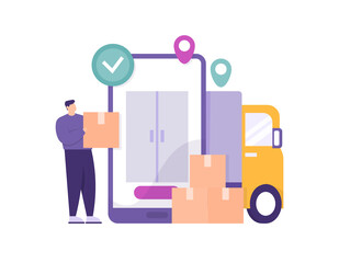 a business concept of moving and delivering goods or packages. illustration of a man wanting to move and insert a box into a smartphone and truck or car. flat style. vector design element