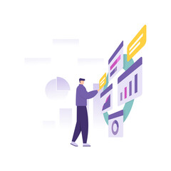 a concept of a data analyst, business management, financial manager. illustration of a man analyzing and managing an information data or graph. flat style. vector design element