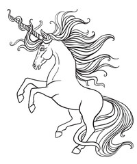 Elegant unicorn vector illustration coloring book page