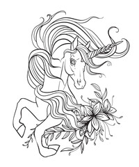 Unicorn vector contour illustration coloring book page