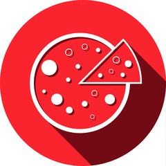 Pizza Icon. Cut pizza with sauce, flat, line, color shape, color background pizza icon.