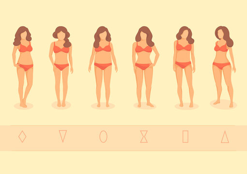 vector illustration set of fashionable girls in swimsuits. Type of female figures. Hourglass, triangle, inverted triangle, round, rectangle. Cartoon characters. Isolated. Shapes