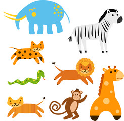 Naklejka premium Vector hand drawn colored childish simple set with cute wild African animals in cartoon style isolated on white background. Elephant, zebra, leopard, lion, tiger, snake, monkey, giraffe.