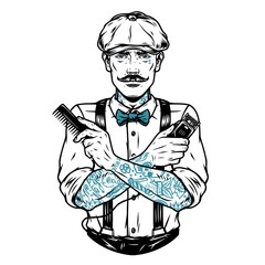 Tattooed mustached barber in irish cap