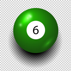 Stock vector of billiard ball number 6. Green color. Isolated wind object on transparent background