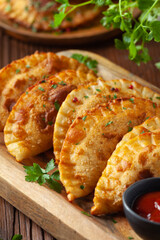 Traditional cheebureki, served on a wooden plate with sauce.