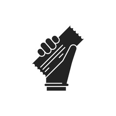 Hand in a glove holds a ticket black glyph icon. Safe travel. Pictogram for web, mobile app, promo.