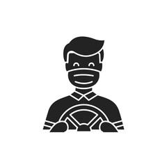 Masked driver driving black glyph icon. Safe travel. Pictogram for web, mobile app, promo.