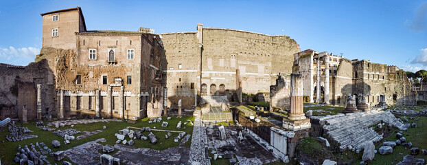Panoramic view of ancient Ruins of Imperial Rome forum with the wonderful remains of the Forum of...