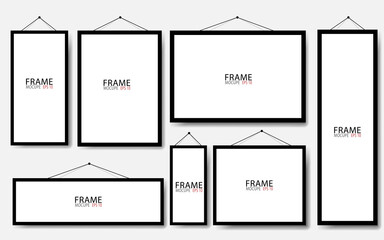 Realistic hanging on a wall blank black picture frames collection. Modern poster mockup. Empty photo frame. Vector illustration.