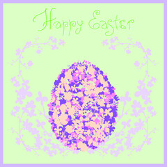 Easter egg made from flowers. Flower wreath. Lettering. Square festive background.