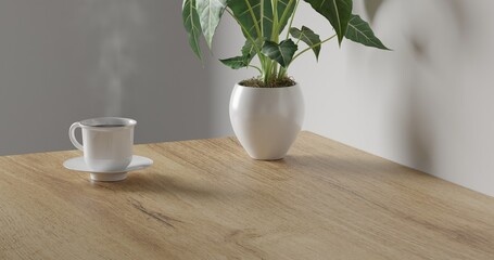 3d render Working desk with white background. blank book, green plant and coffee cup on wood table. minimal workspace. simple wall interior design concept template.