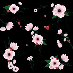 Flowers isolated on black background. Flowers modern design for t-shirt, print material, cloth and textile. Useful for invite and wedding card, wallpaper and greeting card. Flowers vector illustration