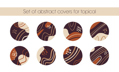 Instagram Highlight covers backgrounds. Set of abstract design templates. Purple and gold colors. Line and spots, trendy abstract doodles