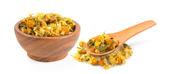 dried chrysanthemum flowers inj wood bowl on white background