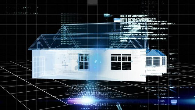Animation of 3d house model spinning with data and information moving over a grid