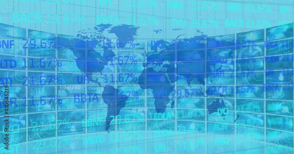Poster animation of a blue world map with data and information moving over multiple screens