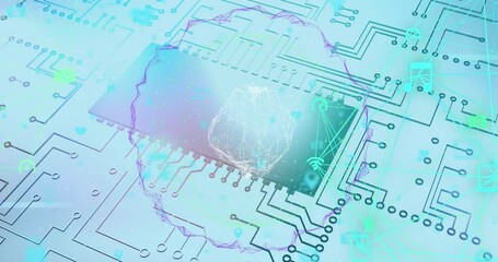 Digital animation of globe of digital icons spinning against microprocessor connections - Powered by Adobe