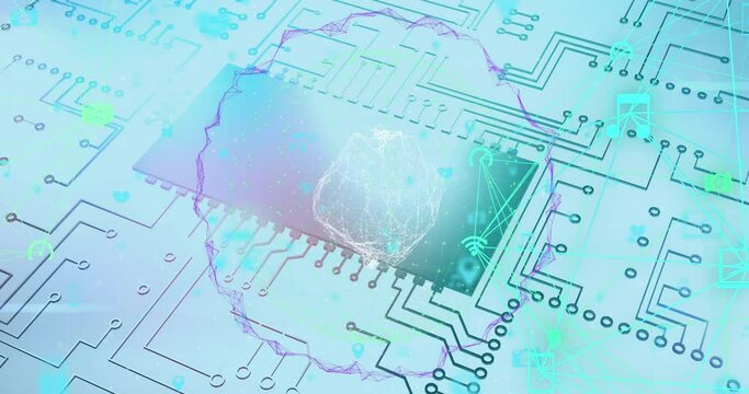 Digital animation of globe of digital icons spinning against microprocessor connections - Powered by Adobe