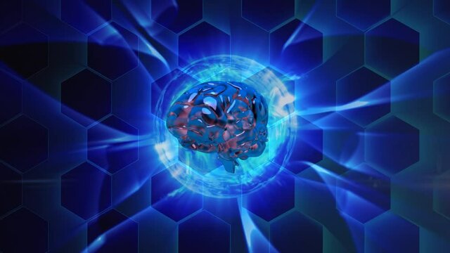 Digital animation of human brain spinning against hexagonal shapes on blue background