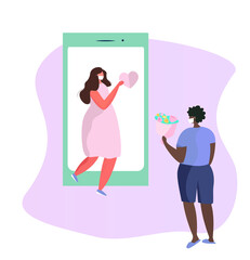 Man and Woman Fallen in Love. Love at First Sight.Girl and Boy on First Dating during Quarantine. Attractive Man is Carrying Bouquet of Flowers for the First Online Date.Flat Vector Illustration