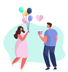Man and Woman Fallen in Love. Love at First Sight.Girl and Boy on First Dating.Relationship Theme.Attractive Man is Carrying Bouquet of Flowers for the First Date with Girl.Flat Vector Illustration