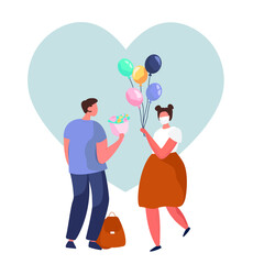 Young Teenagers Fallen in Love. Love at First Sight.Girl and Boy on First Dating during Quarantine.School Love is Carrying Bouquet of Flowers for the First Date with Girl.Flat Vector Illustration