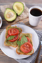 Breakfast with sandwiches with guacamole sauce