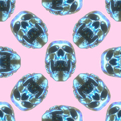 Metallic scull hyperrealistic image. 3D rendering. Holographic. Soft pink background. Trendy digital art. Endless repeatable pattern. Gift wrapping and interior wall paper, stationery graphic design.
