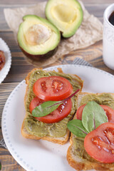 Breakfast with sandwiches with guacamole sauce