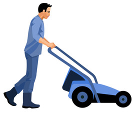 Isolated vector figure of an Asian gardener with a lawn mower cutting grass