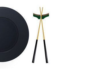 Chopsticks. Backround for sushi with black plate isolated on white background.