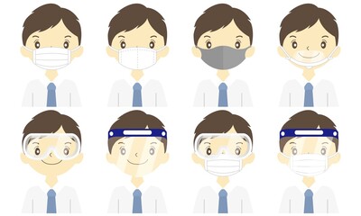 感染対策グッズを身につけたワイシャツを着た男性