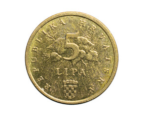 five croatian lipa coin isolated on white background - obrazy, fototapety, plakaty