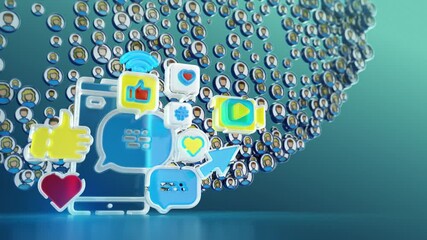 Social network media concept. Glass symbols icons morphing colorful abstract design composition. Last hundred frames loop, with mask to change colors ideal for landing.