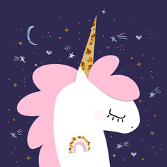 Cute magic unicorn and doodle elements. Vector hand drawn illustration.