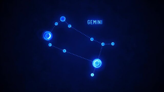 Gemini Zodiac Signs Constellations Background/ 4k animation of a zodiac gemini sign icons, with astrological constellation and symbol on space background